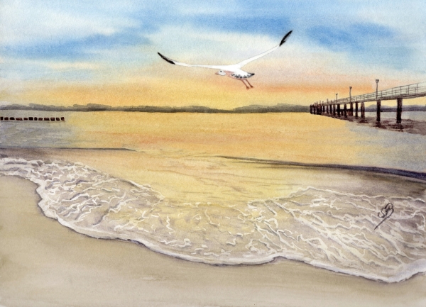 Postkarte DIN-A6  Sonnenuntergang Strand Aquarell Maritim Kunst Druck Kunstdruck Dänemark Nordsee Düne Dünen Meer Möwe Ostsee